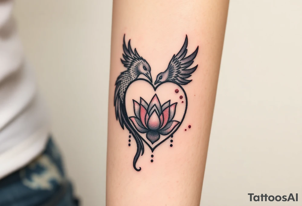 the phoenix and hour glass with lotus flower in kintsugi heart design tattoo idea