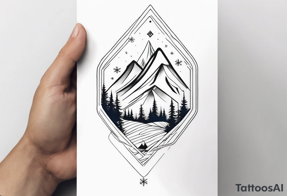 Small fine line tattoo with a vertical snowboard, with a snowflake and mountain line inside it tattoo idea
