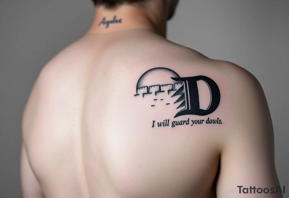 A sleeve tattoo on the right arm with the letters A and D in large letters combined and inside them the inscription "I will guard your walls until dawn" against a wall at sunrise tattoo idea