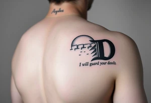 A sleeve tattoo on the right arm with the letters A and D in large letters combined and inside them the inscription "I will guard your walls until dawn" against a wall at sunrise tattoo idea