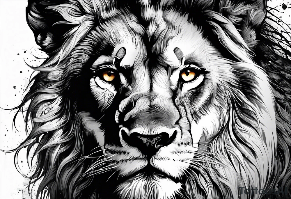 a face of a fearless lion combined whit a fearless wolf in the wood tattoo idea