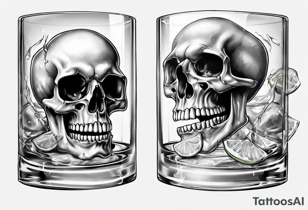 A smiling looking to the left scull inside the glass with alcohol and piece of lime tattoo idea