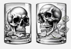 A smiling looking to the left scull inside the glass with alcohol and piece of lime tattoo idea