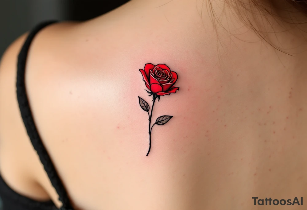 Minimalist single red rose with a thin black stem, no leaves, and clean linework. tattoo idea