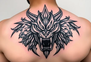 powerful majestic giant with a alien eyes and teeth like a sabertooth with horns like surrounded by vicious animals but not from earth and maybe needs some blood tattoo idea