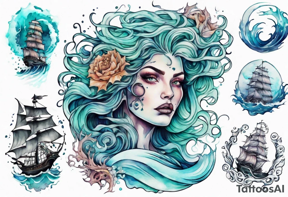a beautiful sea witch surrounded by crashing waves tattoo idea