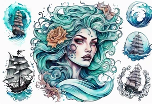 a beautiful sea witch surrounded by crashing waves tattoo idea