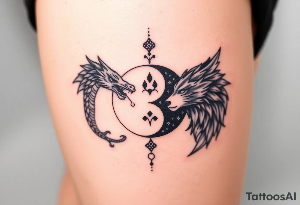 Ying yang symbol with one side a dragon and one side a wolf tattoo idea