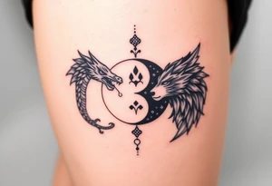 Ying yang symbol with one side a dragon and one side a wolf tattoo idea