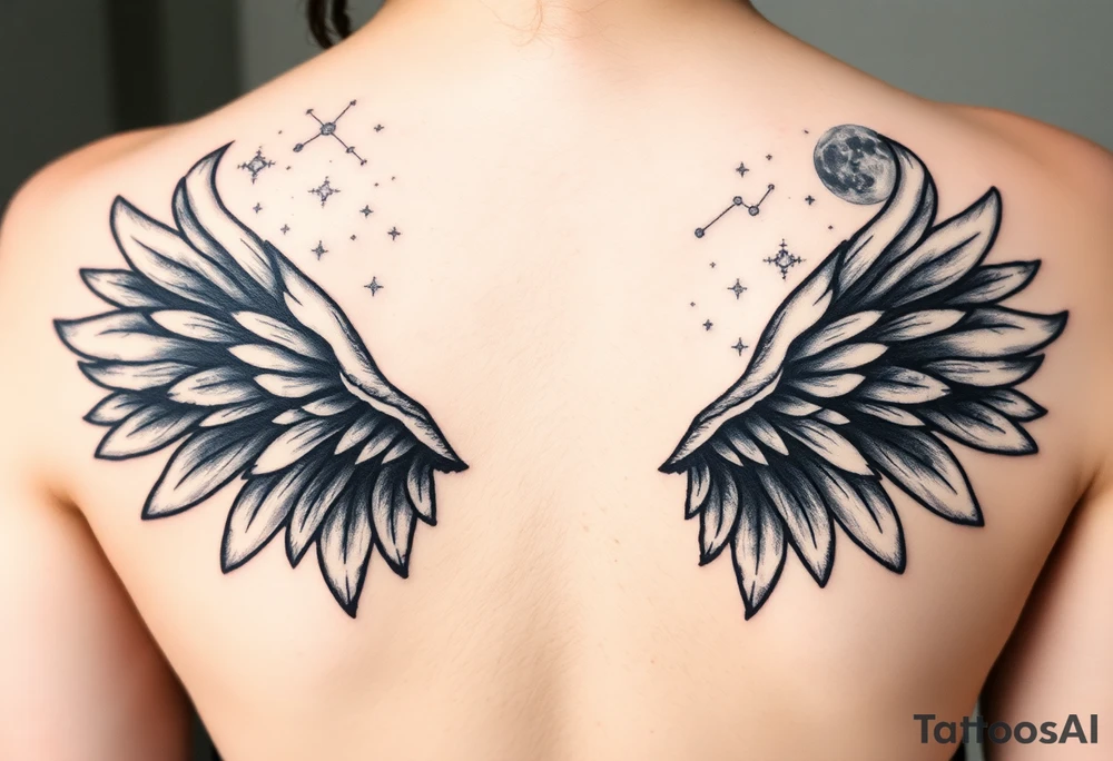 Night sky with constellation, stars & moon seen from a frame of natural landscape angel wings tattoo idea