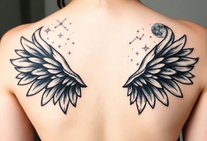 Night sky with constellation, stars  & moon seen from a frame of natural landscape angel wings tattoo idea