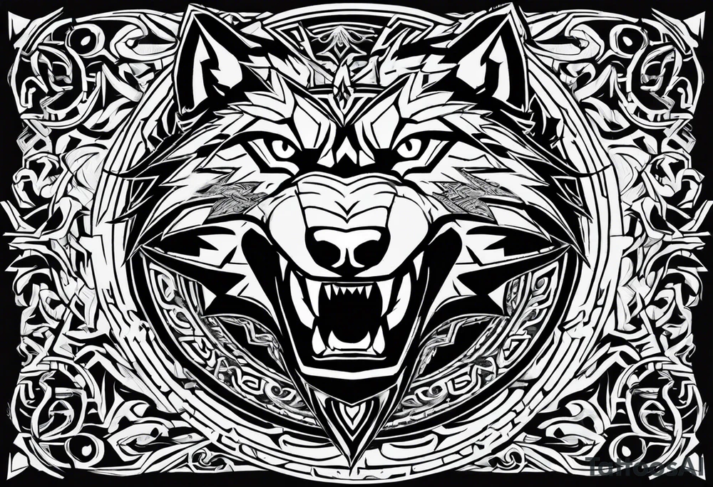 Legend of zelda link wolf head that is in profile with mouth open, this should be the bottom of the tatoo on a bicep , the top should transition in through his mane on top and it should be an ouroborus (dragon not snake) surrounding vegvisr tattoo idea