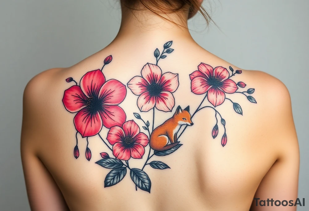 wild hibiscus and meadow flowers with morning dew drops and foxes tattoo idea