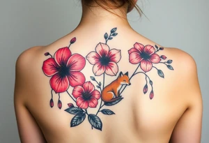 wild hibiscus and meadow flowers with morning dew drops and foxes tattoo idea