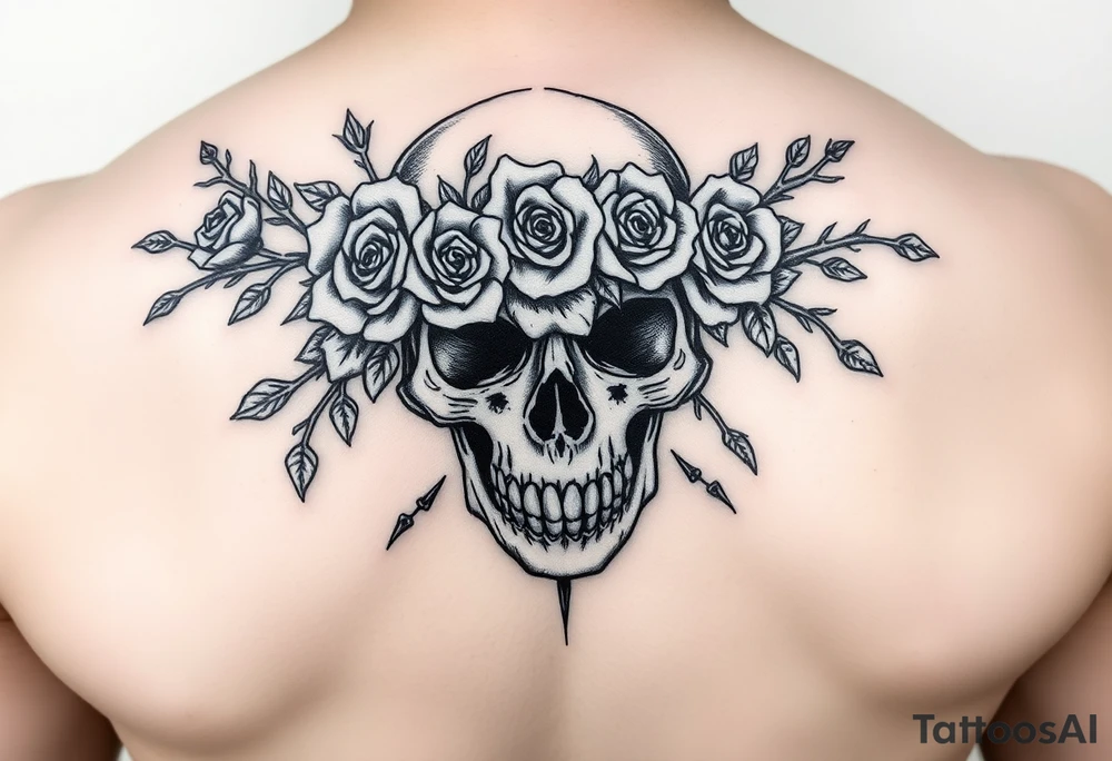 ornate skull adorned with crown of wild roses and thorns tattoo idea