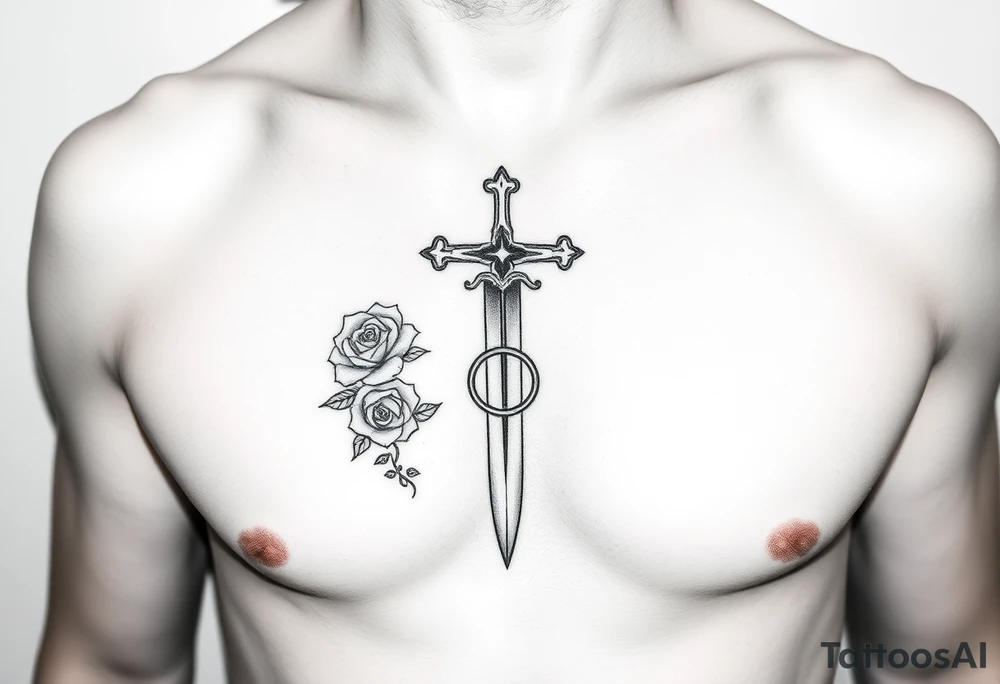 A gothic cross with a sword tip on the bottom going through an infinity sign and has roses and vines growing around tattoo idea