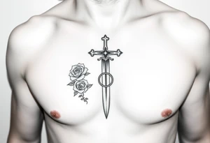 A gothic cross with a sword tip on the bottom going through an infinity sign and has roses and vines growing around tattoo idea