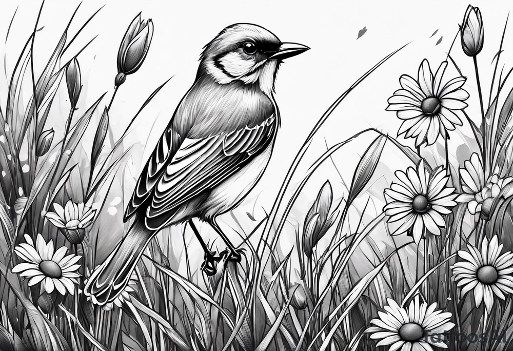little bird perched on tall grass in a daisy tattoo idea