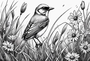 little bird perched on tall grass in a daisy tattoo idea