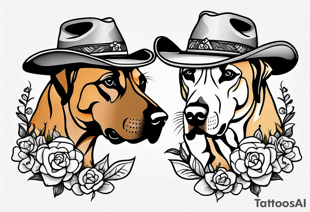 Two Rhodesian ridgebacks wearing a cowboy hat with flowers in the background tattoo idea