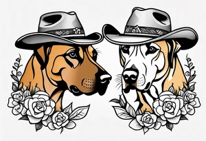 Two Rhodesian ridgebacks wearing a cowboy hat with flowers in the background tattoo idea