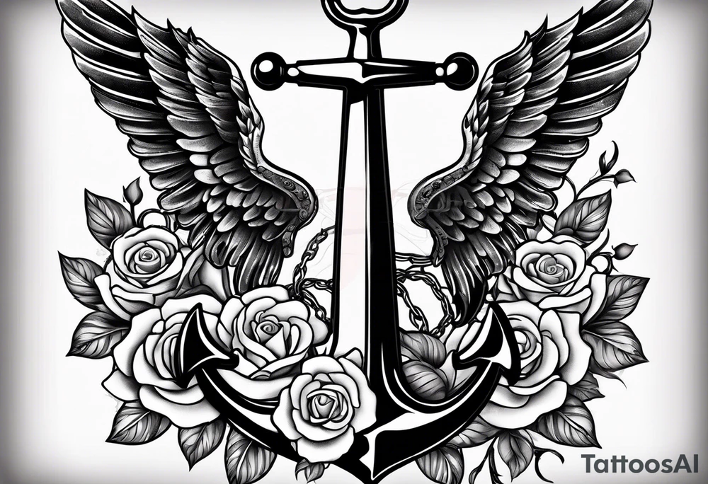 An anchor with a large S through the anchor. Angle wings on the left and right side. Roses below the anchor. Waves in the back ground tattoo idea