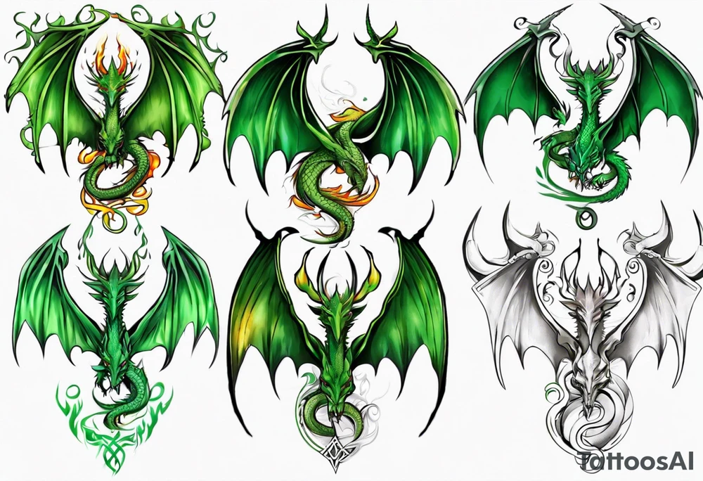 Dragon
Celtic
Green
Horns
Large wings
Fire tattoo idea