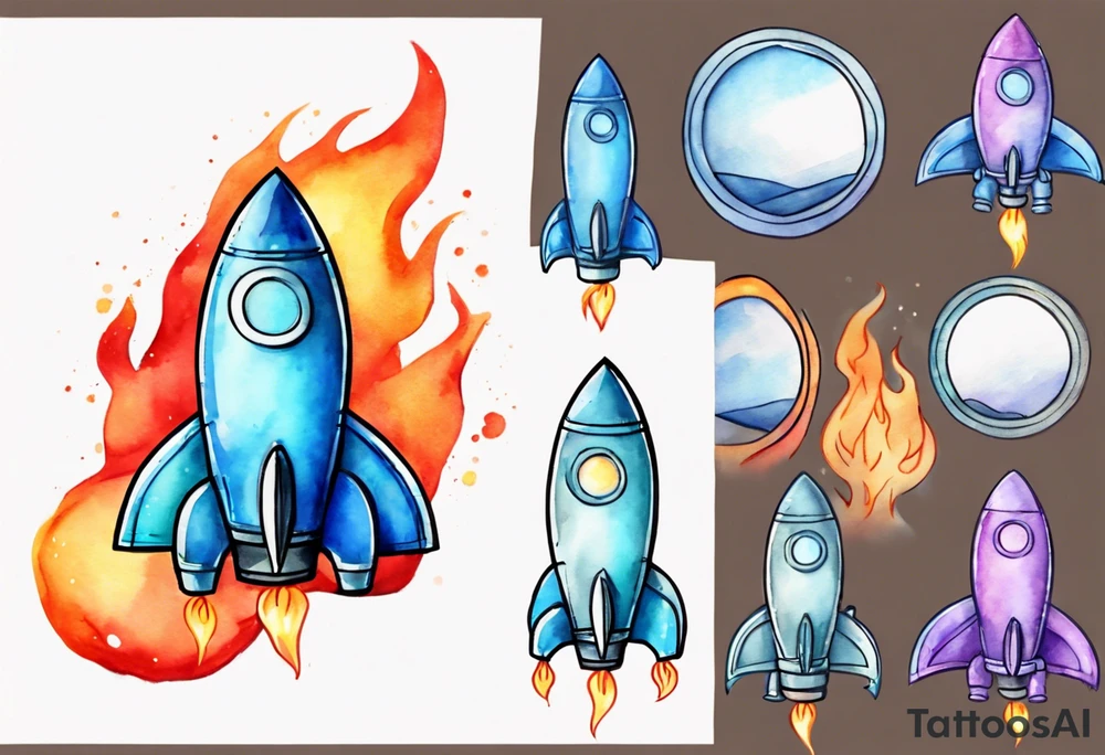 Super simple cartoon rocket ship with a round window, 3 fins, and fire coming out the bottom

Add some shading, color, and detail to make less basic - no blue tattoo idea