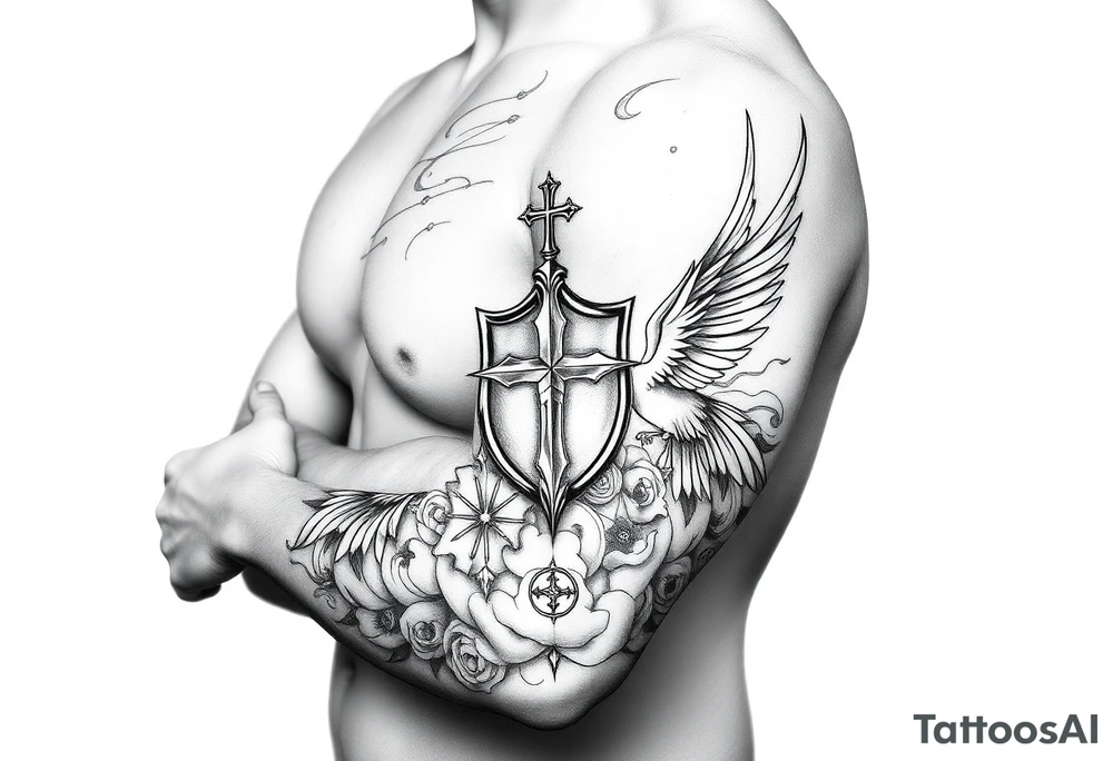 Half sleeve. clouds, shield, cross, bird tattoo idea