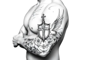 Half sleeve. clouds, shield, cross, bird tattoo idea