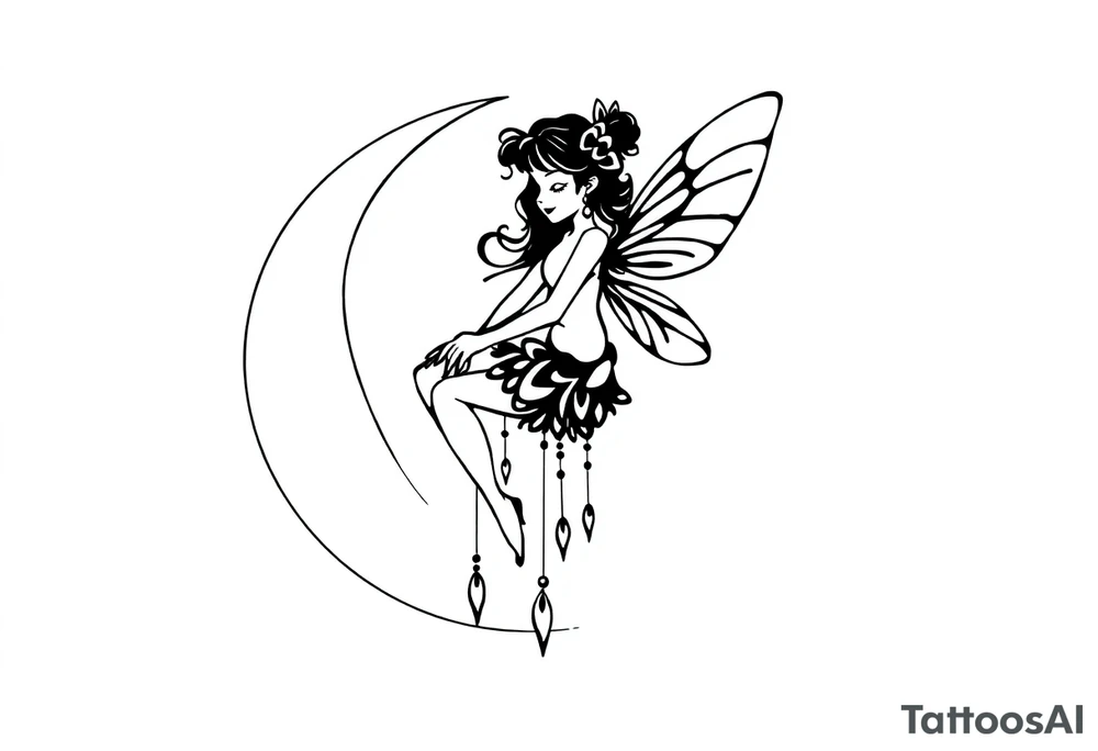 Solid black design. Fairy sitting on moon with dangles tattoo idea