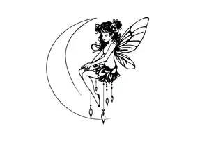 Solid black design. Fairy sitting on moon with dangles tattoo idea