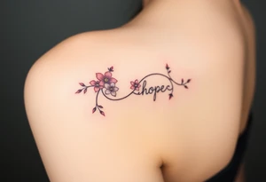 A delicate vine with intertwining flowers in shades of pink and violet, forming an infinity symbol and word "hope" tattoo idea