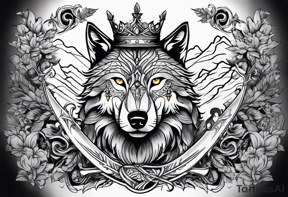 Create a vision of arm tattoo sleeve with combination of sword, crown, tree and three wolves to represent clients family roots tattoo idea