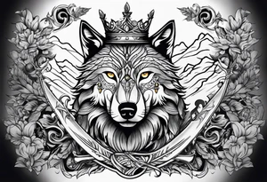 Create a vision of arm tattoo sleeve with combination of sword, crown, tree and three wolves to represent clients family roots tattoo idea