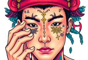 Handsome Asian young guy is putting ritual symbols on his face tattoo idea