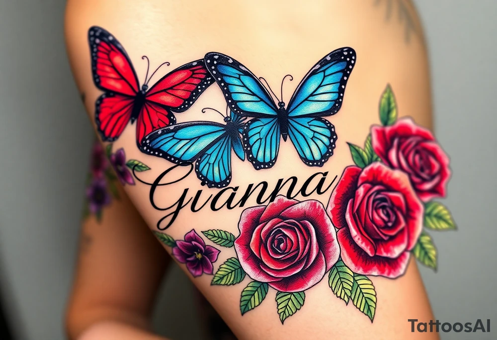 Beautiful butterflies surrounded by red purple, blue and green roses with the name Gianna tattoo idea
