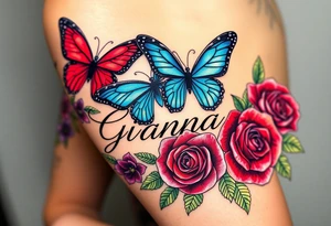 Beautiful butterflies surrounded by red purple, blue and green roses with the name Gianna tattoo idea
