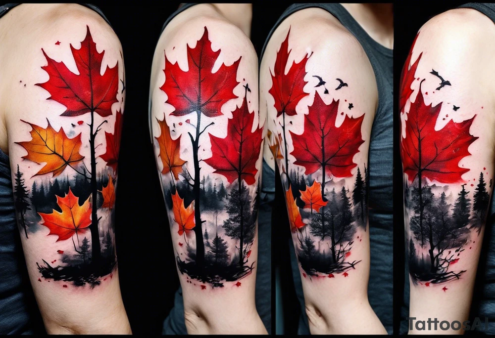 trash polka style. Arm tattoo. chest tattoo. Long tattoo. large tattoo. Full sleeve. Shoulder. A single large maple tree with red autumn leaves that branches upwards from wrist to shoulder. White-throated dipper bird on the trees branches. Calluna flowers at the base of the trees stem. Tree stem has dark colors. Red/yellow sunset behind the trees stem. Leaves falling. tattoo idea