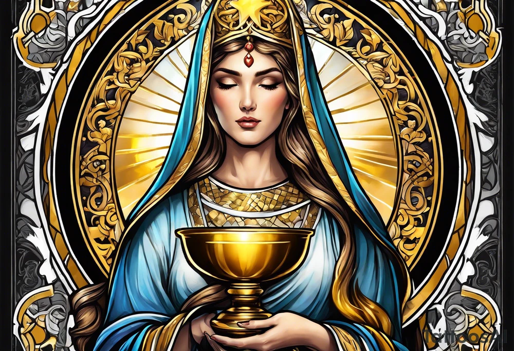 holy saint woman with golden halo holding a chalice tattoo idea