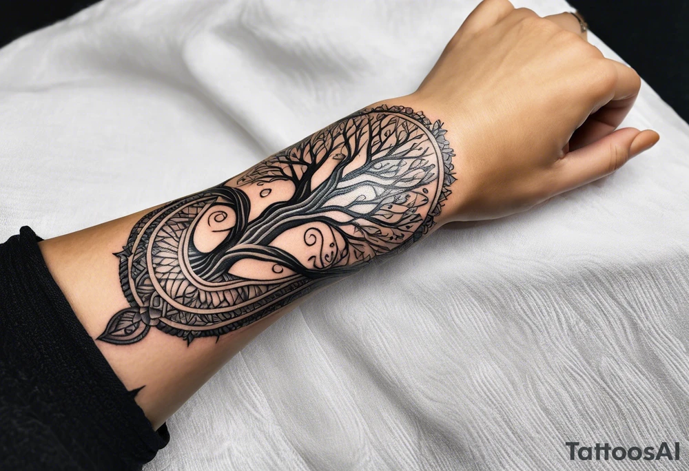 Braided rope wrist tattoo with tree of life in the center with bead work dangling on the hand tattoo idea