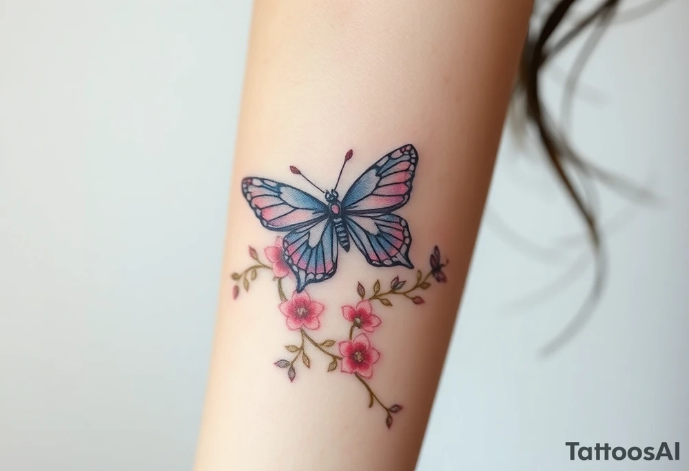 ethereal butterflies with flowing silk ribbons with vines of flowers tattoo idea