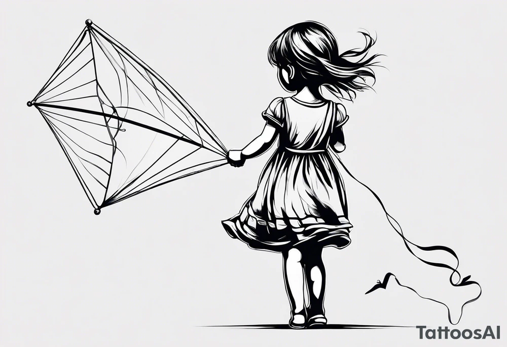 the back of a little girl in a dress, flying a kite tattoo idea
