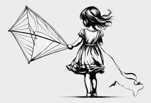 the back of a little girl in a dress, flying a kite tattoo idea