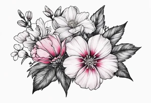 Realistic cherry blossom, delphinium, morning glory, and cosmos flowers together on a leafy sprig tattoo idea