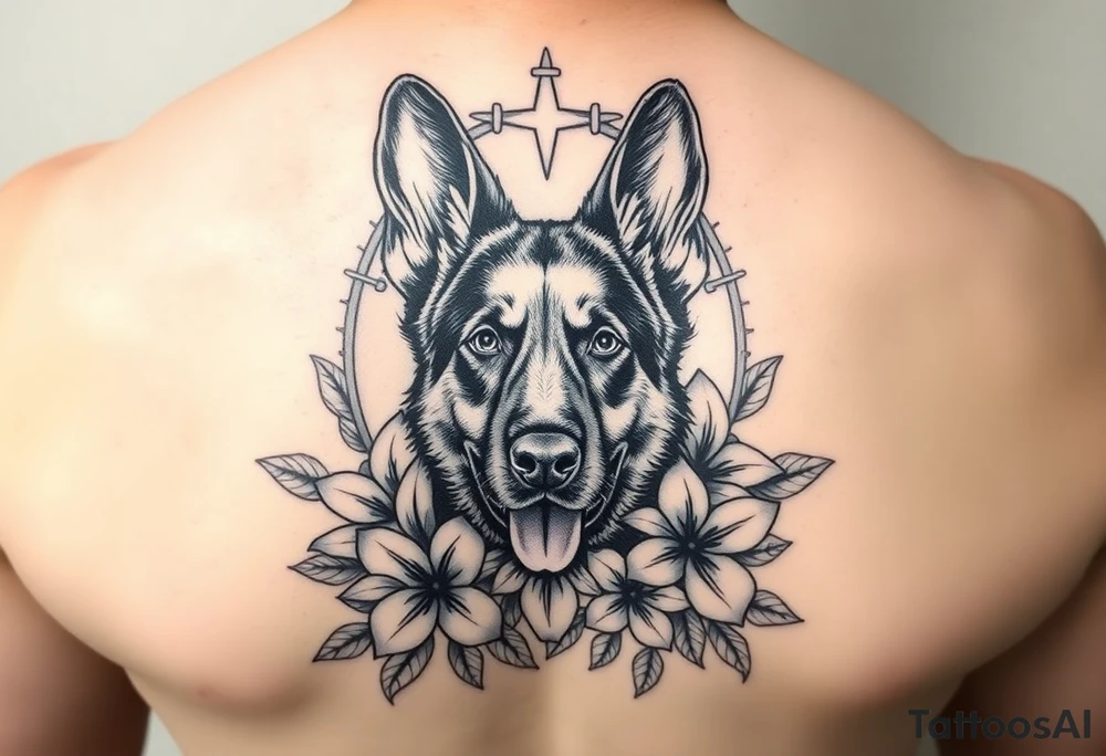 german shepherd floral lilies colourful in front of a sacred heart tattoo idea