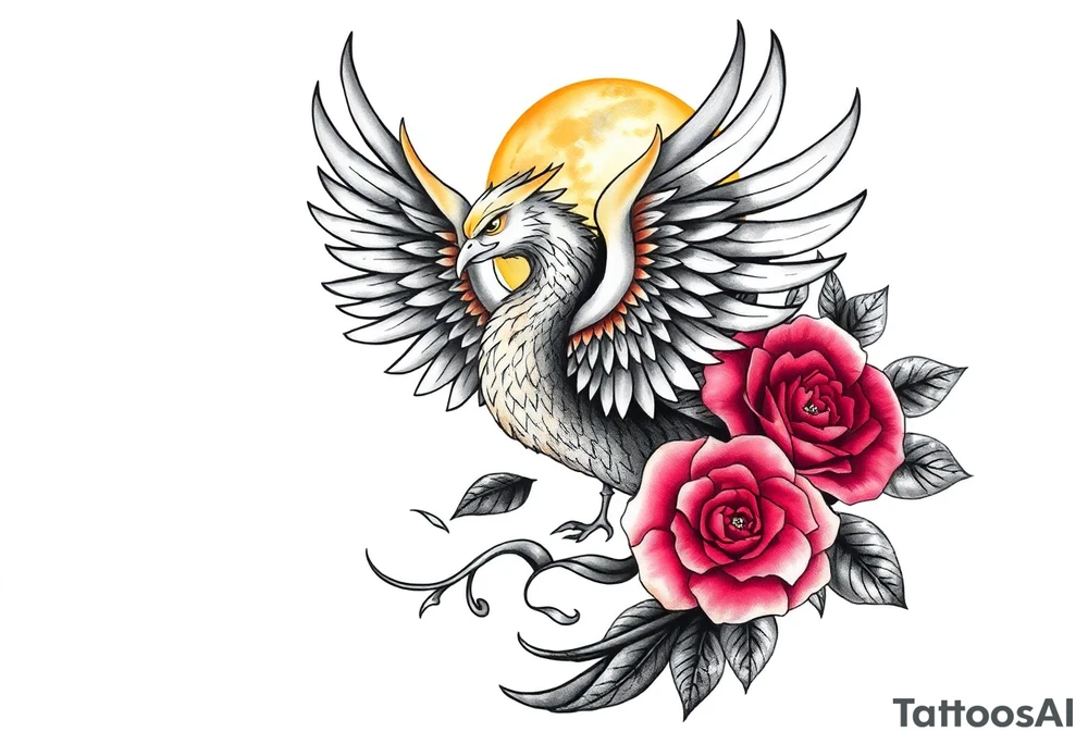 Fenix con rosas y la luna tattoo idea