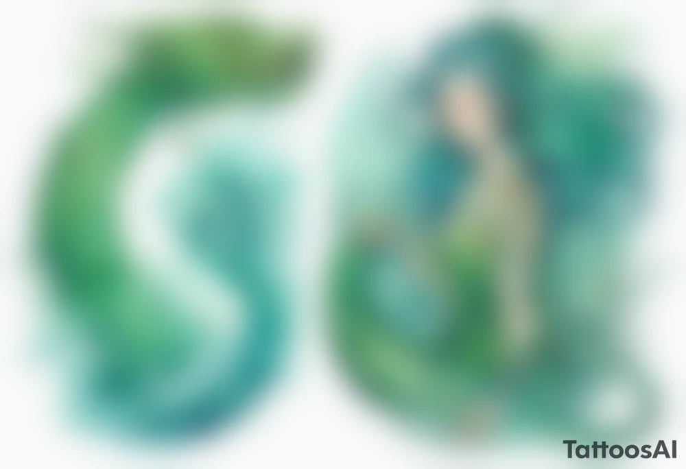 a blue-green Naiad in a green tunic next to a sea serpent tattoo idea