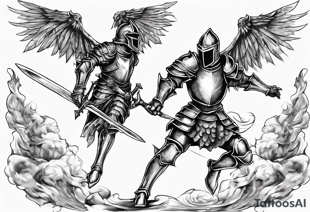 A Winged Paladin Knight in mid-air with his sword about to attack. tattoo idea
