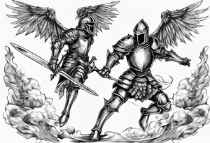 A Winged Paladin Knight in mid-air with his sword about to attack. tattoo idea